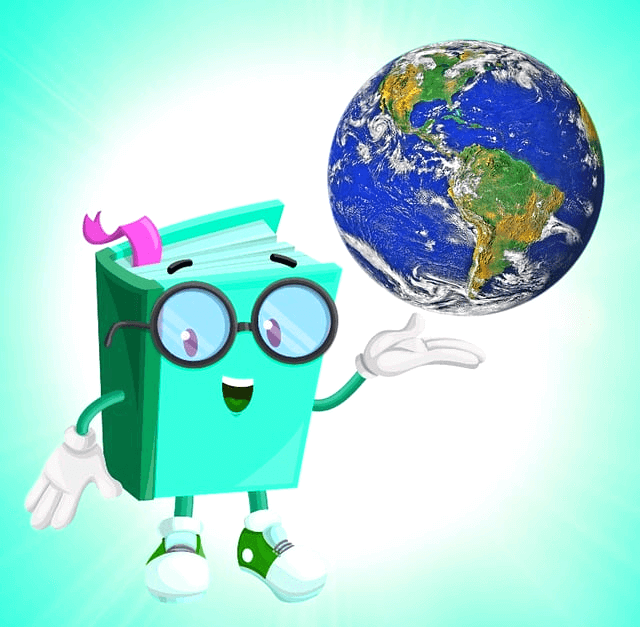 파란색 지구본이 있다. 오른쪽엔 그림으로 그려진 청록색 책이 있고 손으로 지구본을 가리킨다.