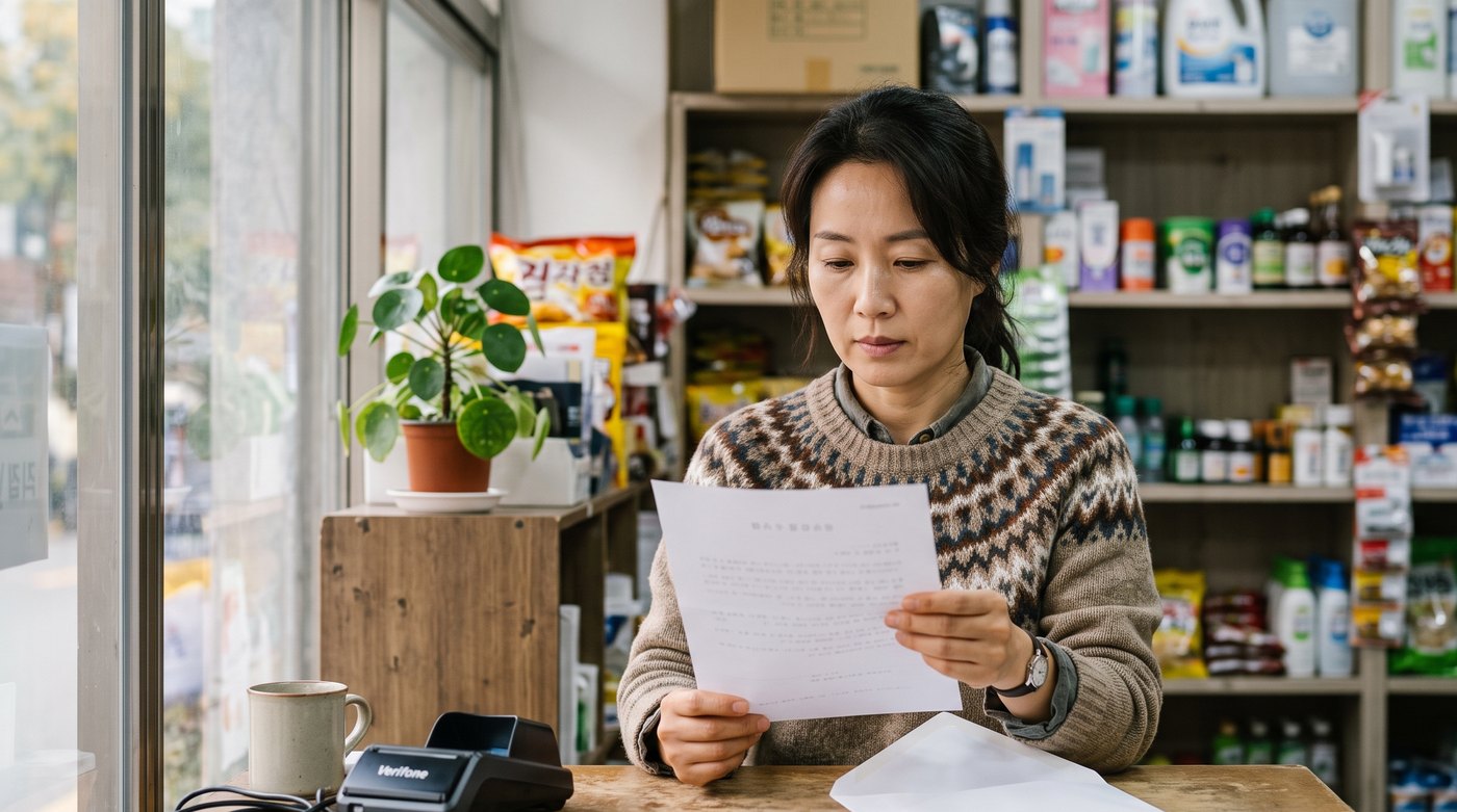 10월 아침 작은 가게 카운터에서 부가세 예정고지서를 읽는 사장