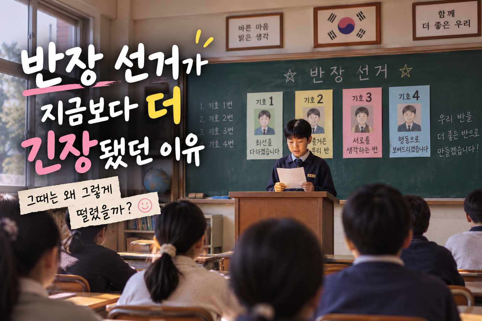 반장 선거 날 교실 앞에서 후보 학생이 연설하고 친구들이 바라보는 모습과 제목 문구