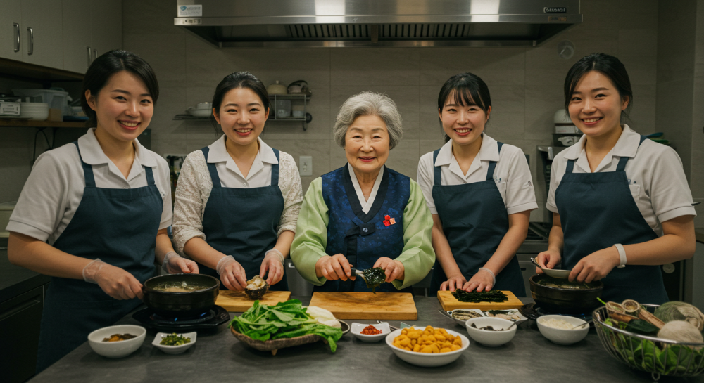 제주 애월에서 해녀와 함께 전통 요리 배우는 한국인 참가자들