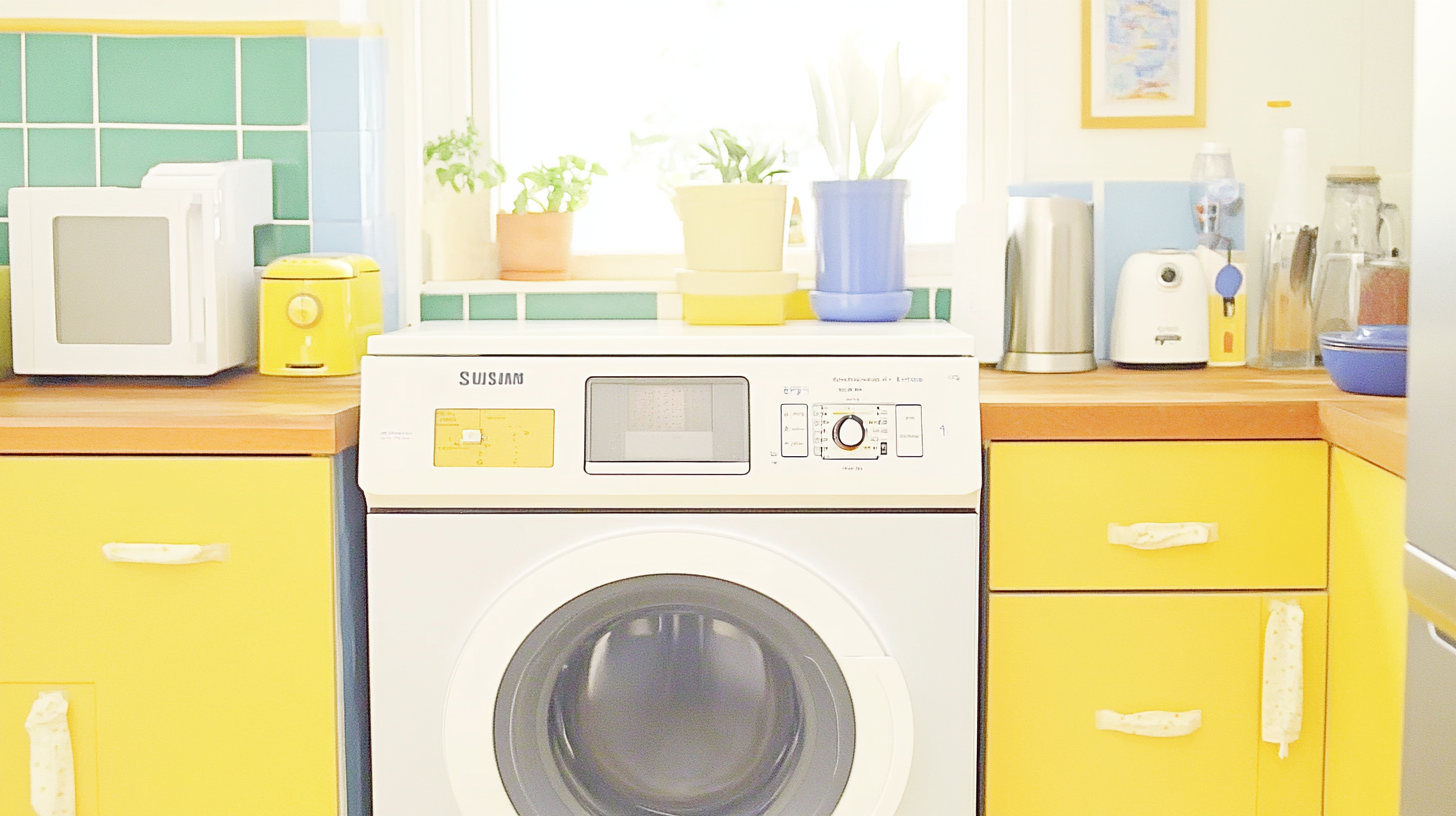 현대식 주방의 스테인리스 기기들과 자연스럽게 조화를 이루며 바쁜 가정에서 사용 중인 삼성 WF2522HDEEA 세탁기의 능동적인 모습