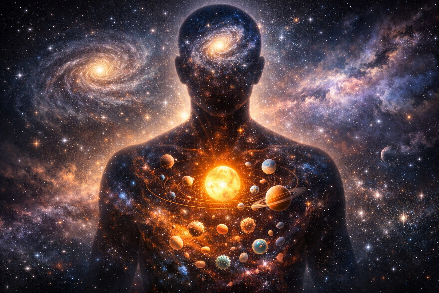 사람의 실루엣 안에 태양과 행성들이 심장 부근에 자리하고 있으며, 머리와 몸 전체가 은하와 별들로 이루어진 우주처럼 표현되어 있다. 한 사람의 몸을 하나의 우주로 바라보는 상징적인 이미지. A human silhouette filled with galaxies and stars, with a glowing sun and orbiting planets positioned near the heart. The image symbolizes one human being as an entire universe.