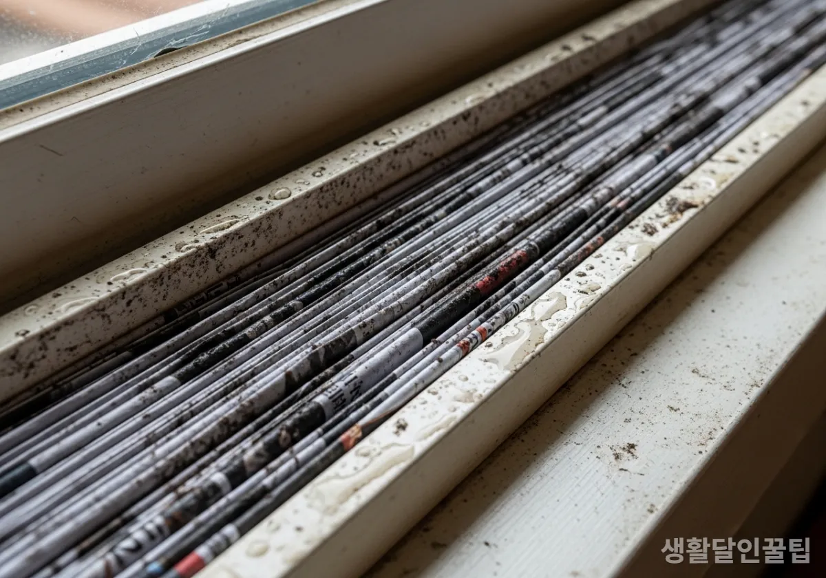 창틀 틈새에 물에 젖은 신문지를 끼워 넣어 먼지를 불리고 있는 클로즈업 사진