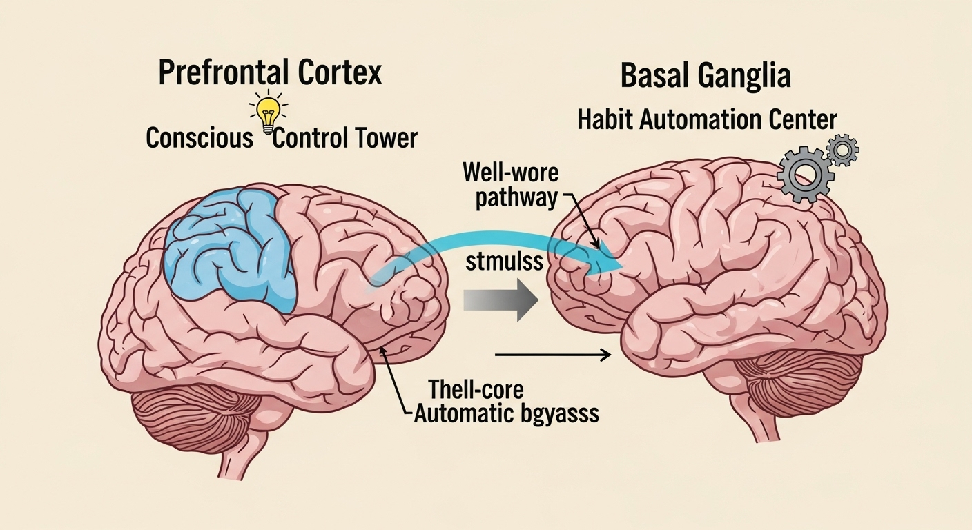 의식적 통제를 담당하는 전전두피질과 습관 자동화를 담당하는 기저핵을 보여주는 뇌 구조 다이어그램. 자극이 전전두피질을 우회하여 기저핵으로 바로 연결되는 자동화 경로가 강조되어 있습니다.