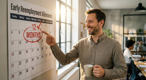 'Early Reemployment Allowance' 문구와 함께 조기 재취업 성공을 상징하는 밝은 표정의 직장인 모습. 달력에 '12개월'이 강조되어 표시된 모습.