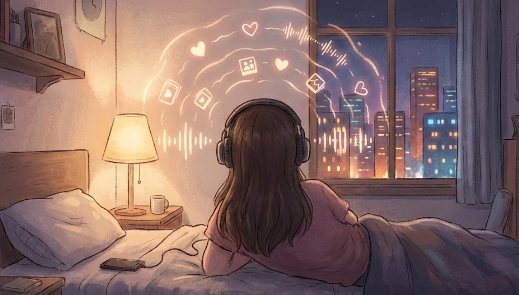 늦은 밤 같은 음악을 반복해서 듣는 심리 상태를 표현한 이미지