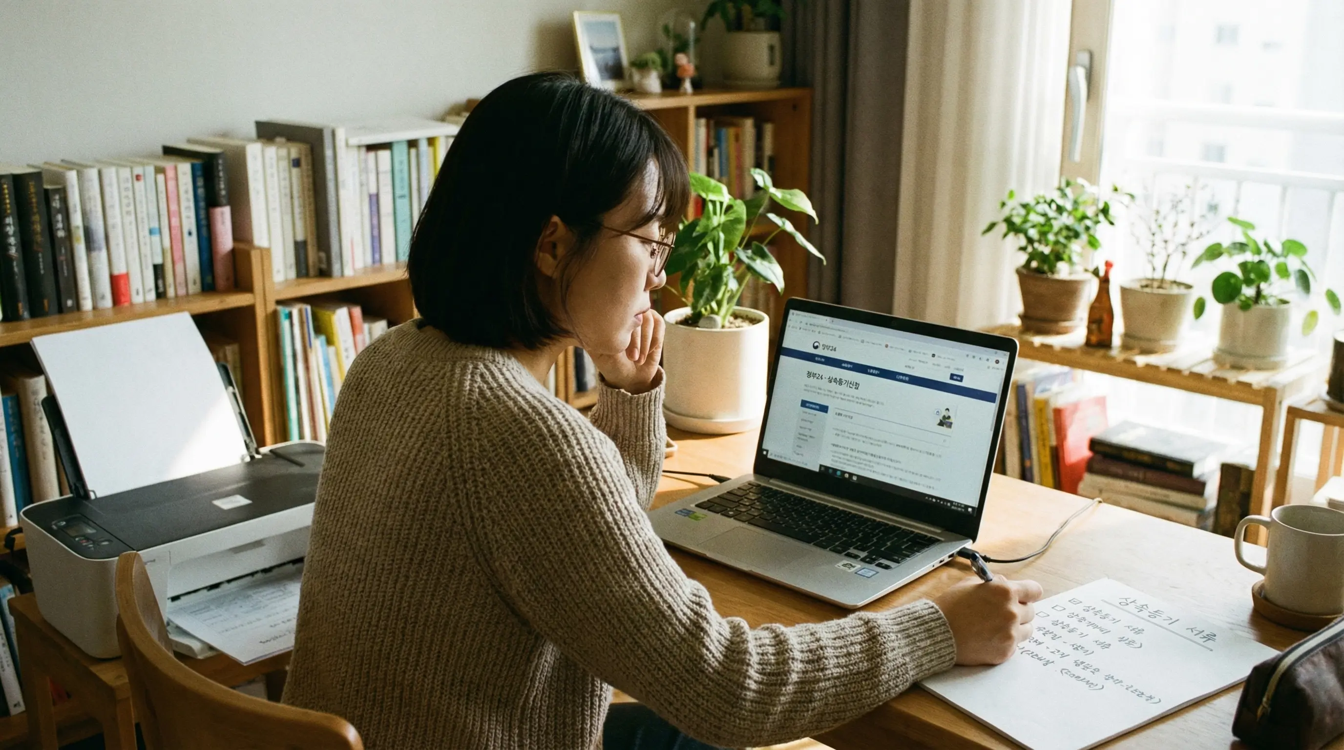 한국인 30대 여성이 집 거실 책상에서 노트북으로 정부24 화면을 보며 상속등기 서류를 출력하고 체크리스트를 확인하는 모습