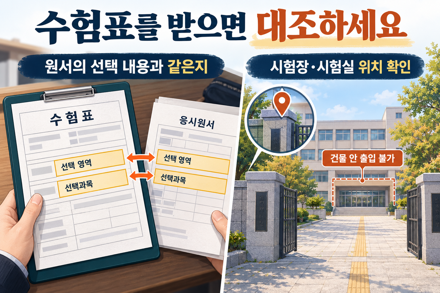 수험표와 응시원서의 선택 영역·선택과목을 대조하고 건물 밖에서 시험장 위치를 확인하는 도해