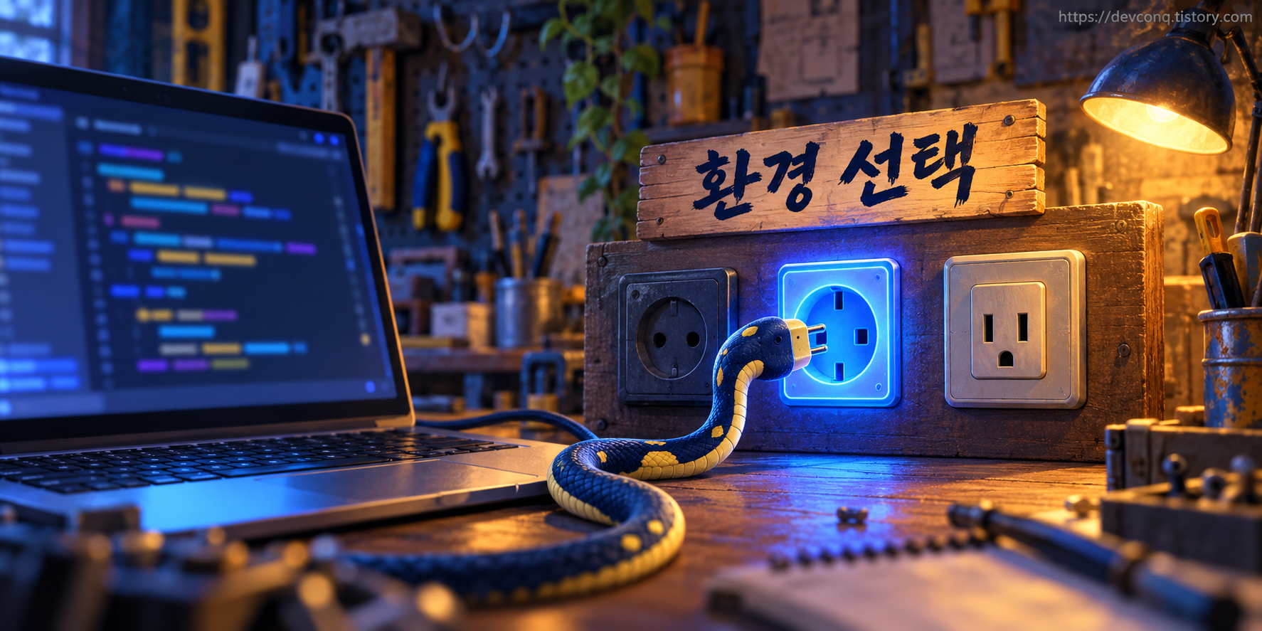 세 개의 콘센트 중 하나에만 맞는 뱀 모양 케이블과 환경 선택 표지판 일러스트