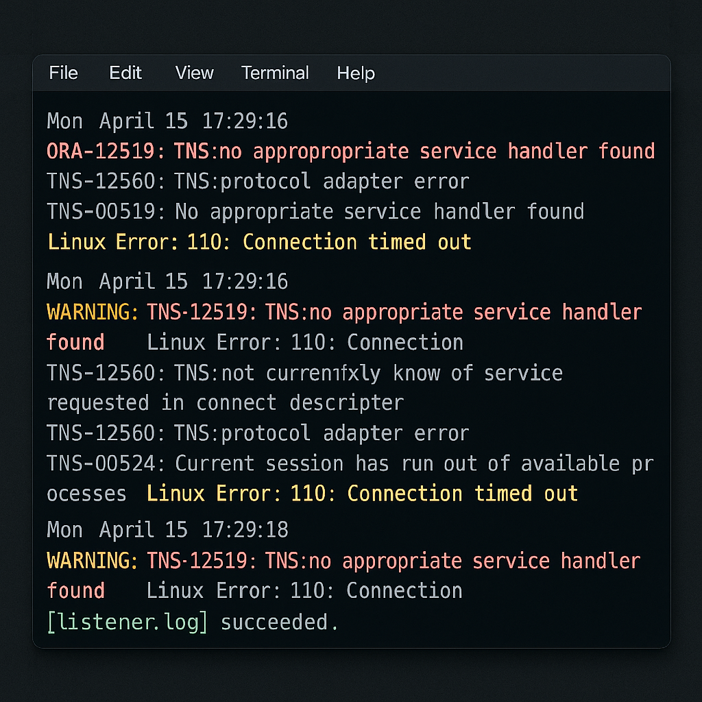 Oracle alert log analysis screenshot showing ORA-12519 error patterns and TNS listener diagnostic messages