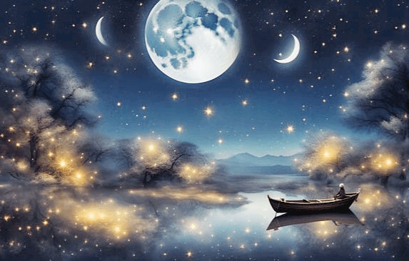 밤하늘에 둥그런 보름달이 떠 ㅇ;ㅆ고 노란 별들이 가득하다. 강에는 작은 배가 있고 남자가 배 안에 탔다.