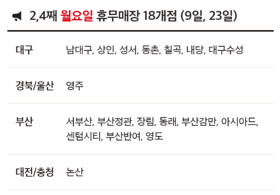 12월 홈플러스 휴무일 - 2,4째주 월요일