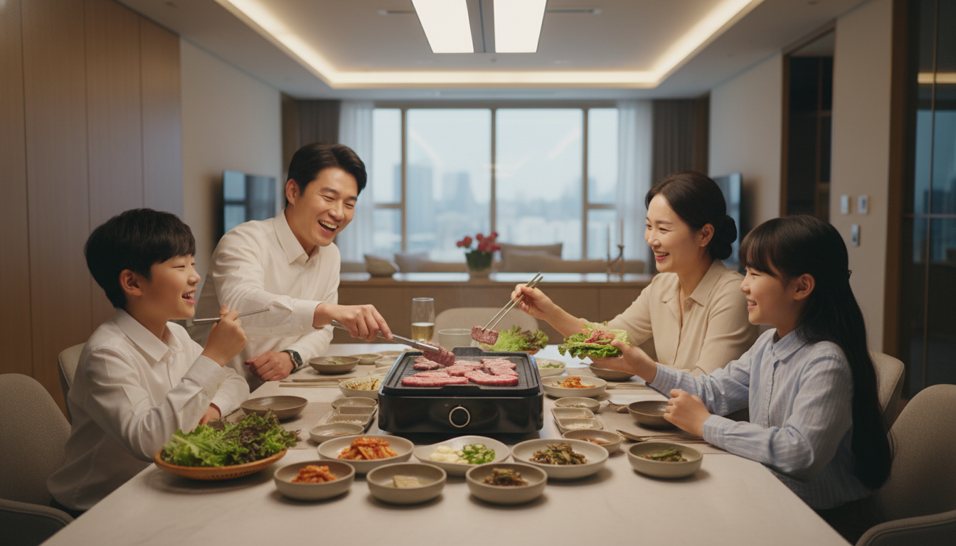 현대적인 한국 가족이 집에서 한우 바비큐를 즐기는 행복한 모습. 테이블 위에는 맛있는 한우와 다양한 밑반찬이 놓여 있고, 가족 구성원들이 웃으며 함께 식사하고 있다.