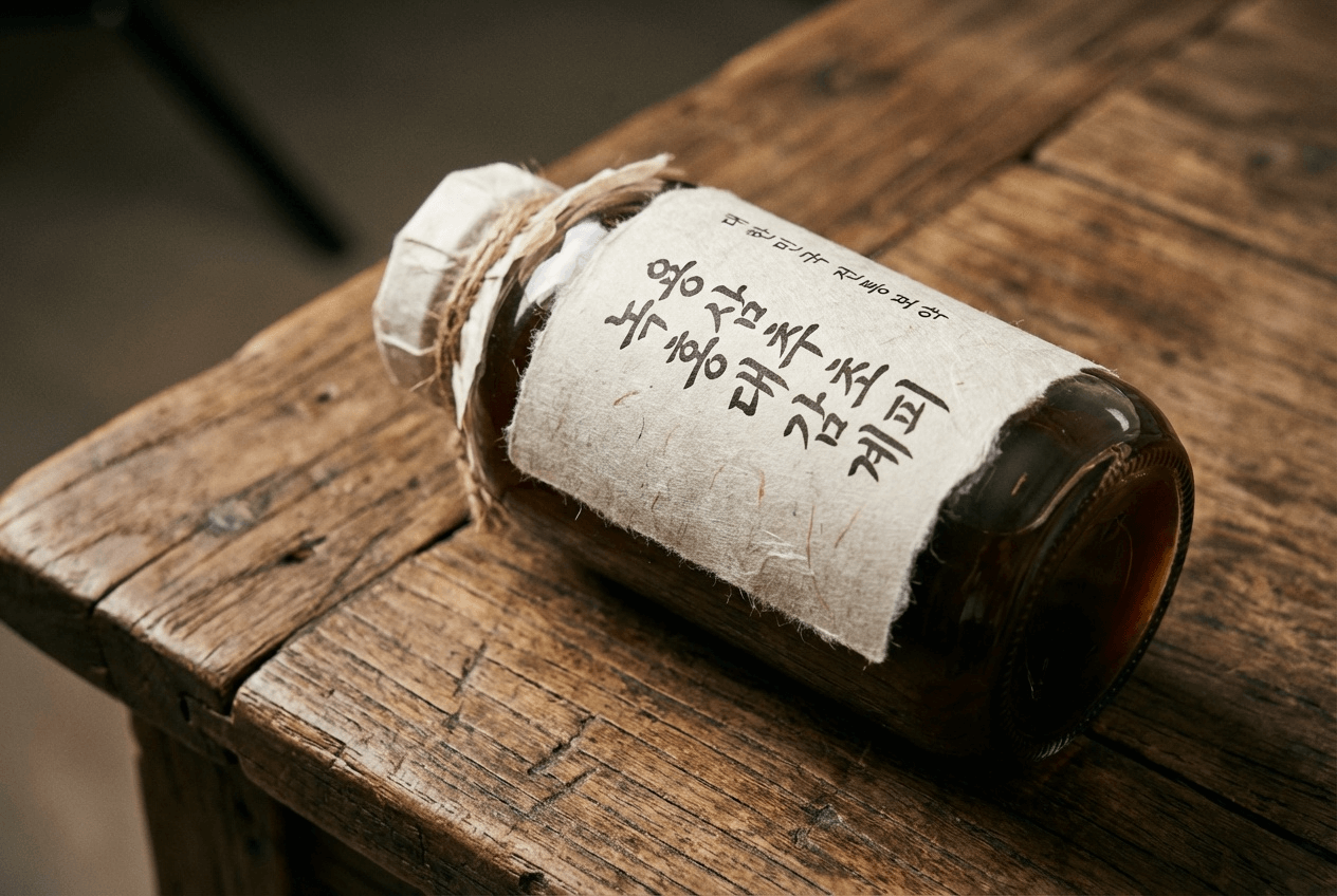 오래된 나무 테이블 위에 한지 라벨과 끈으로 마감된 갈색 유리병 보양 진액이 비스듬히 놓여 있는 전통 한약재 느낌의 연출 컷