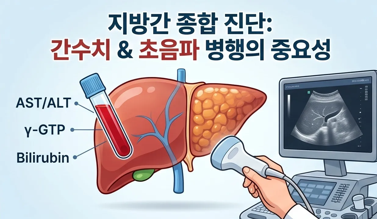 지방간 종합 진단을 위한 간수치(AST/ALT, gamma-GTP, Bilirubin) 혈액 검사와 초음파 검사 병행의 중요성 일러스트