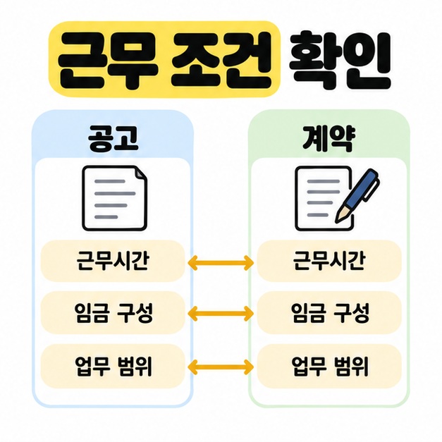 채용공고와 계약서의 근무시간, 임금 구성, 업무 범위를 나란히 연결해 비교하도록 안내한 도식