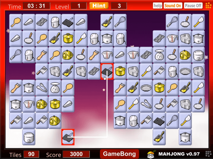 퍼즐마작-주방기구-짝맞추기-플래시게임-플레이-같은-그림의-주방기구를-짝-맞추는-화면