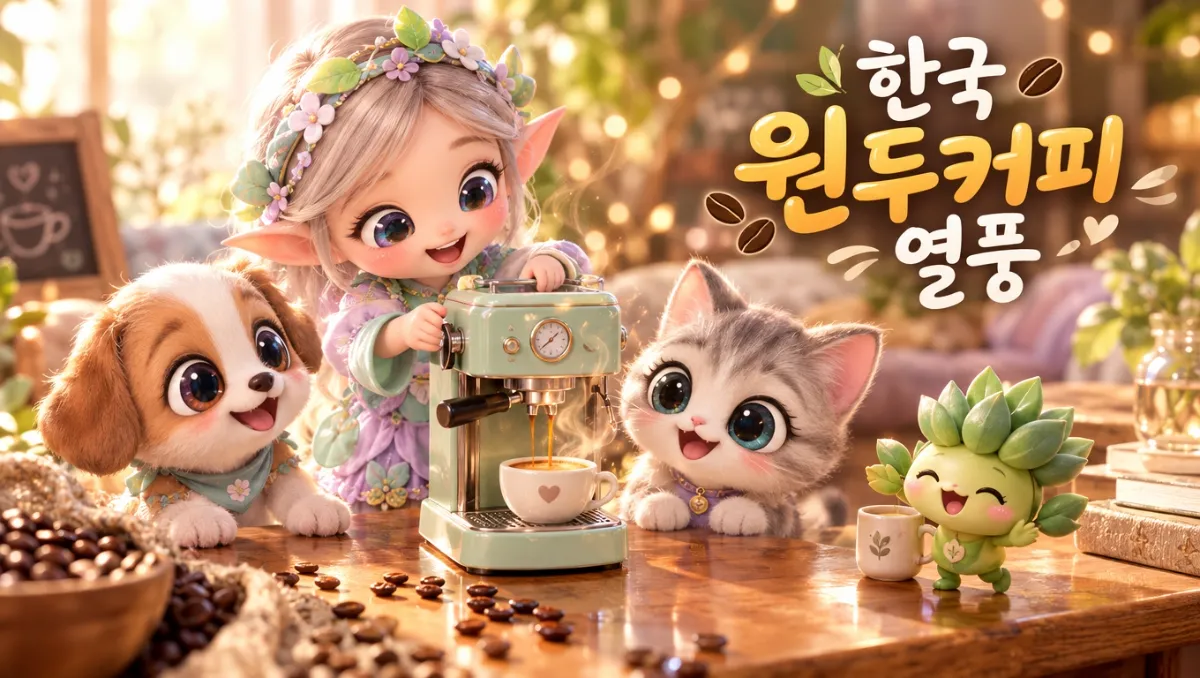 한국식 식후 입가심 문화와 직장인들의 도시 라이프스타일이 어우러진 따뜻한 원두 커피 라이프스타일 미니미 판타지 프렌즈 일러스트