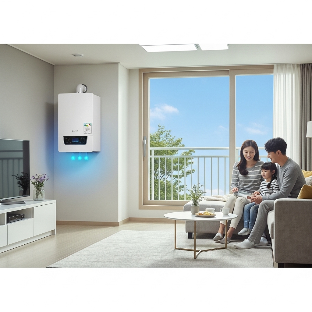 깔끔하고 현대적인 아파트 거실, 따뜻한 분위기 속에 새로 설치된 친환경 보일러가 은은한 빛을 내고 있으며, 가족이 편안하게 휴식하고 있다. 미세먼지 걱정 없이 깨끗하고 따뜻한 실내 환경을 상징한다.
