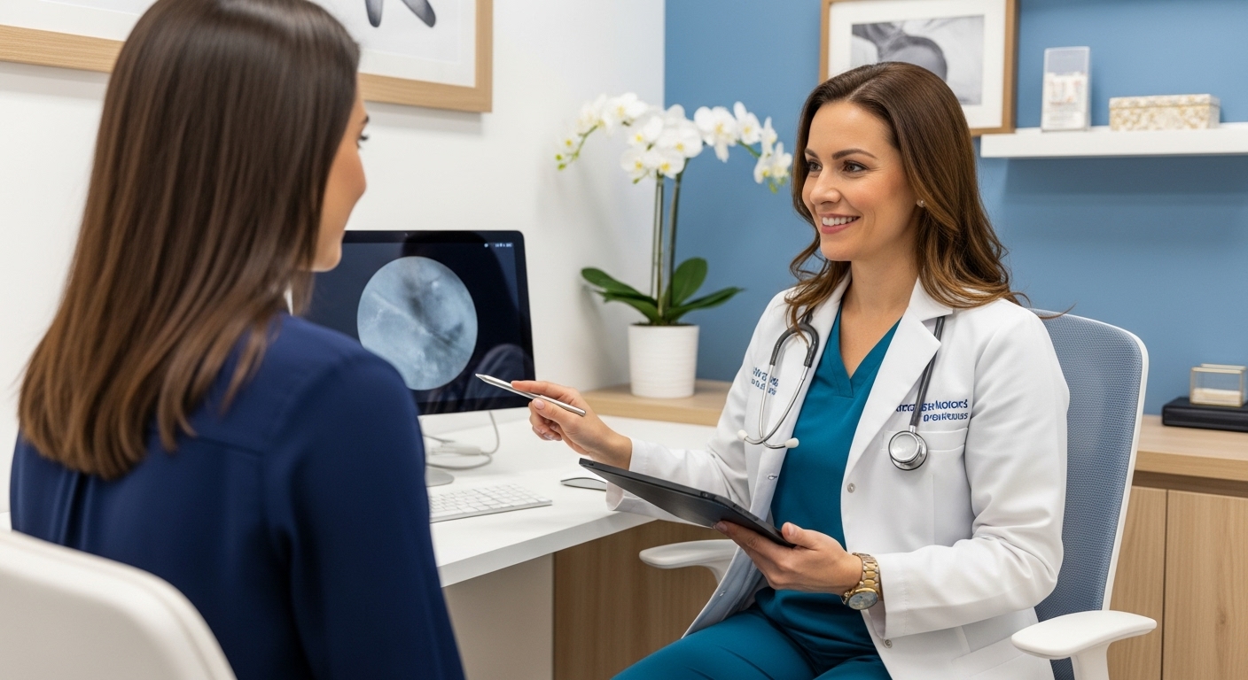 피부과 전문의가 여성 환자와 탈모 증상에 대해 상담하며 태블릿으로 두피 상태를 설명하는 모습.