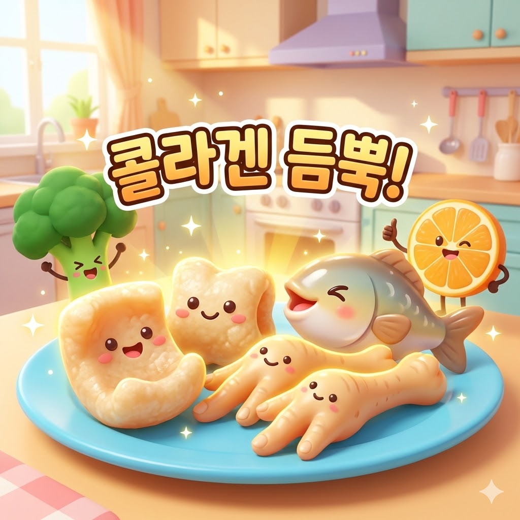 웃는 돼지껍데기, 닭발, 생선, 브로콜리, 오렌지 캐릭터가 콜라겐 풍부한 음식을 나타내는 귀여운 3D 카툰 일러스트.