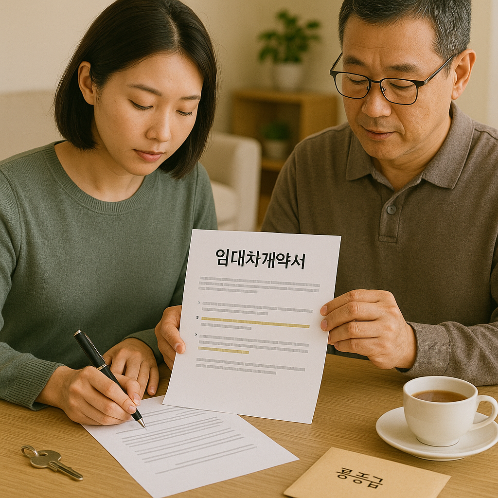 임대차계약서에 서명하며 보증금 보호 조항을 확인 중인 임차인과 임대인의 모습