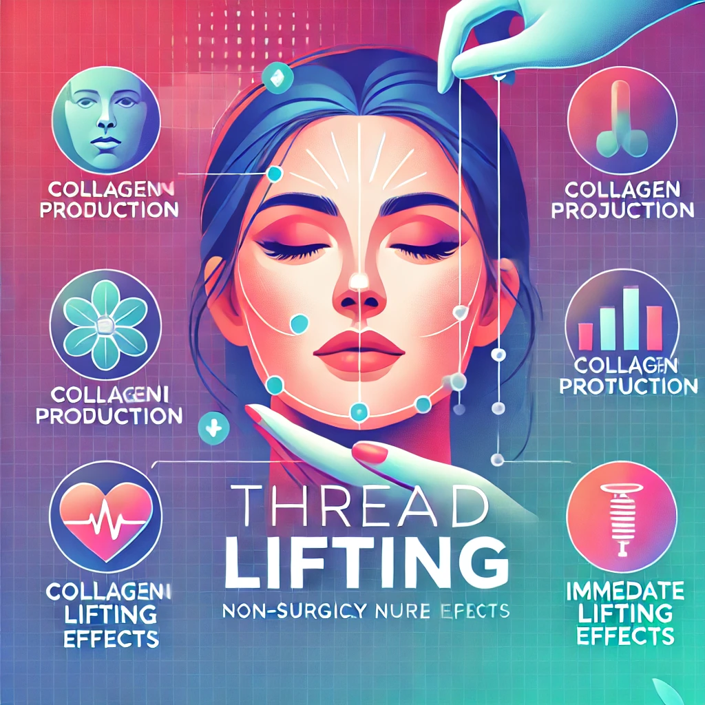 실 리프팅의 주요 특징을 설명하는 썸네일. 실로 얼굴을 리프팅하는 모습과 콜라겐 생성, 즉각적인 리프팅 효과를 상징하는 아이콘들이 포함되어 있으며, 비수술적 시술의 효과와 피부 재생을 강조하는 현대적인 디자인.