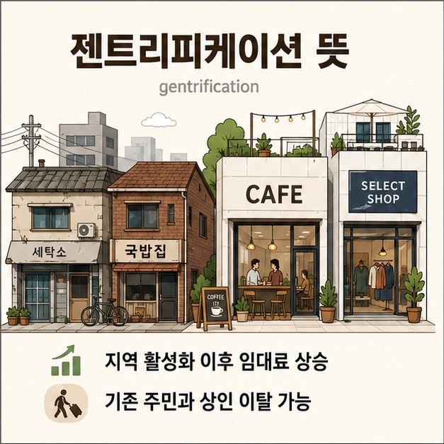 오래된 동네에 새로운 카페와 상점이 들어오면서 상권이 활성화되고 임대료가 상승해 기존 주민과 상인이 이동할 수 있는 젠트리피케이션 현상을 보여 주는 그림