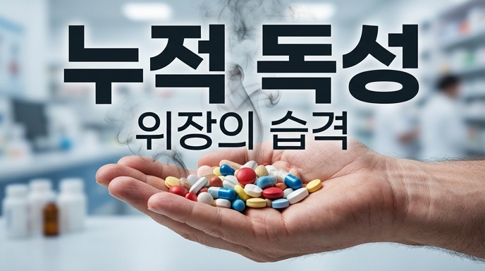 손바닥에 가득 담긴 알약들 위로 검은 연기가 피어오르는 모습으로 표현한 누적 독성과 위장의 습격 컨셉 이미지