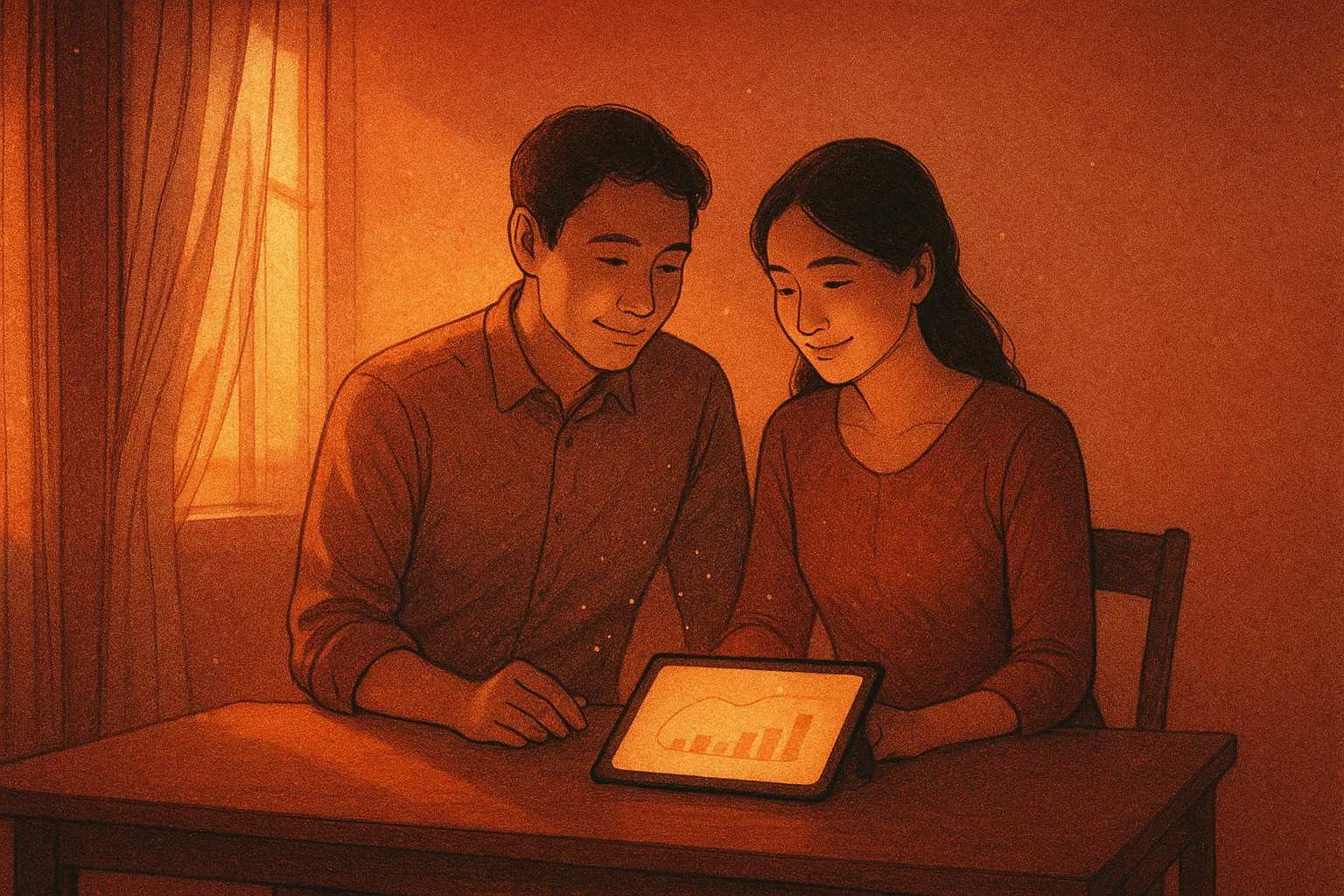 신혼부부가 함께 앉아 태블릿으로 가계부를 확인하며 미소짓는 모습