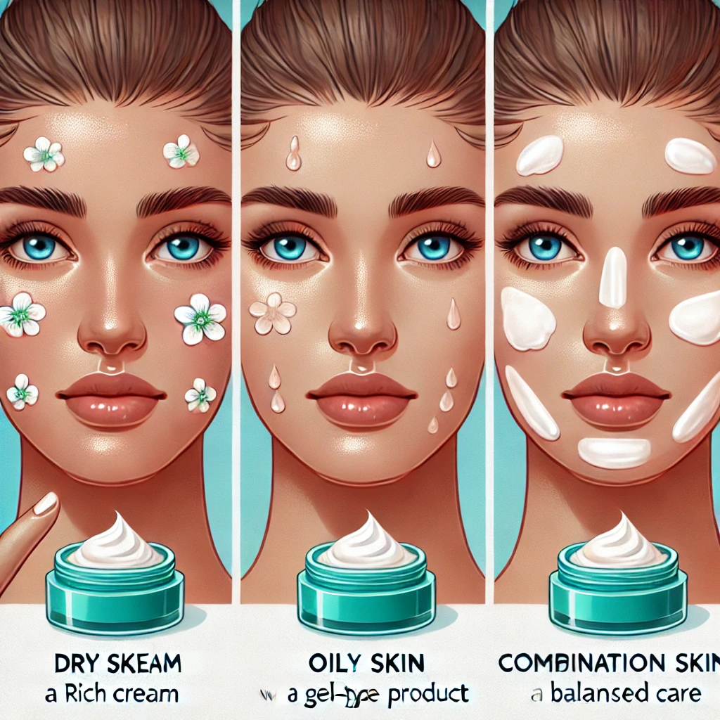 건성, 지성, 복합성 피부 타입에 맞춰 보습제를 바르는 모습. 건성 피부에는 리치 크림, 지성 피부에는 젤 타입 제품이 사용되며, 피부가 촉촉하고 건강해 보이는 장면