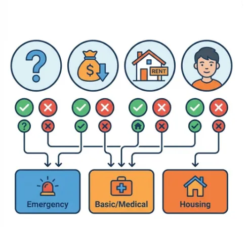 1인가구 지원금 신천방법: 이 이미지는 4가지 질문으로 독자가 어떤 지원금을 신청할 수 있는지 빠르게 파악할 수 있는 자가진단 방법을 시각적으로 전달하며&amp;#44; 블로그의 1인가구 지원금 신청 조건 안내와 관련된 내용을 설명함 