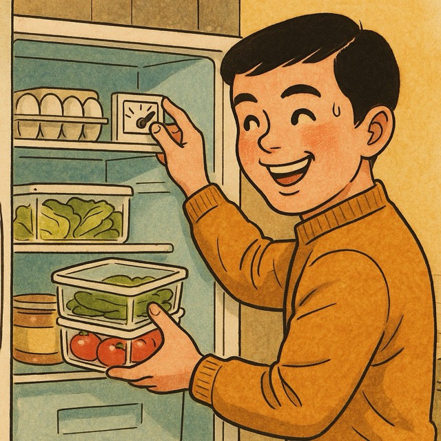 냉장고 안을 정리하며 온도 조절판을 확인하고 웃는 주인공