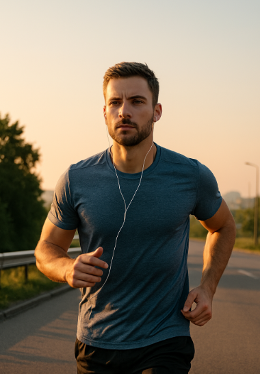 이른 아침에 도시 외곽 러닝 코스에서 정면을 응시하며 달리는 모습