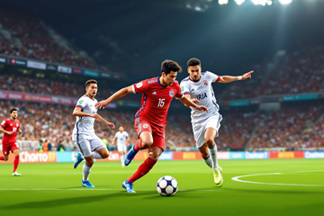 대한민국 축구 국가대표팀 선수가 이라크 수비수들과 치열하게 볼을 경합하는 경기 중 순간&amp;#44; 강한 압박과 돌파 시도 장면