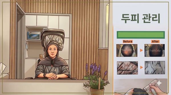 두피 관리샵에서 두피관리를 받고 있는 한국인 여자 모습를 만화 형식으로 생성한 이미지