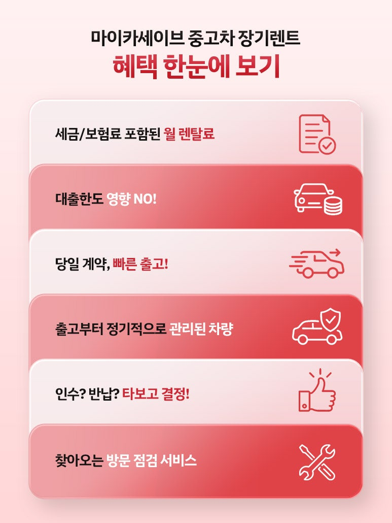 마이카세이브 중고차 장기렌트의 세금&middot;보험료 포함 월 대여료, 빠른 출고, 차량 관리, 인수&middot;반납과 방문 점검 서비스 안내