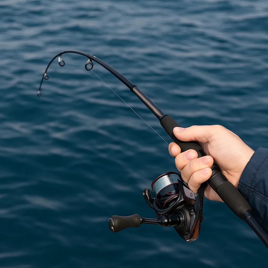 입질을 감지하며 낚싯대 팁이 휘어진 순간을 잡고 있는 손