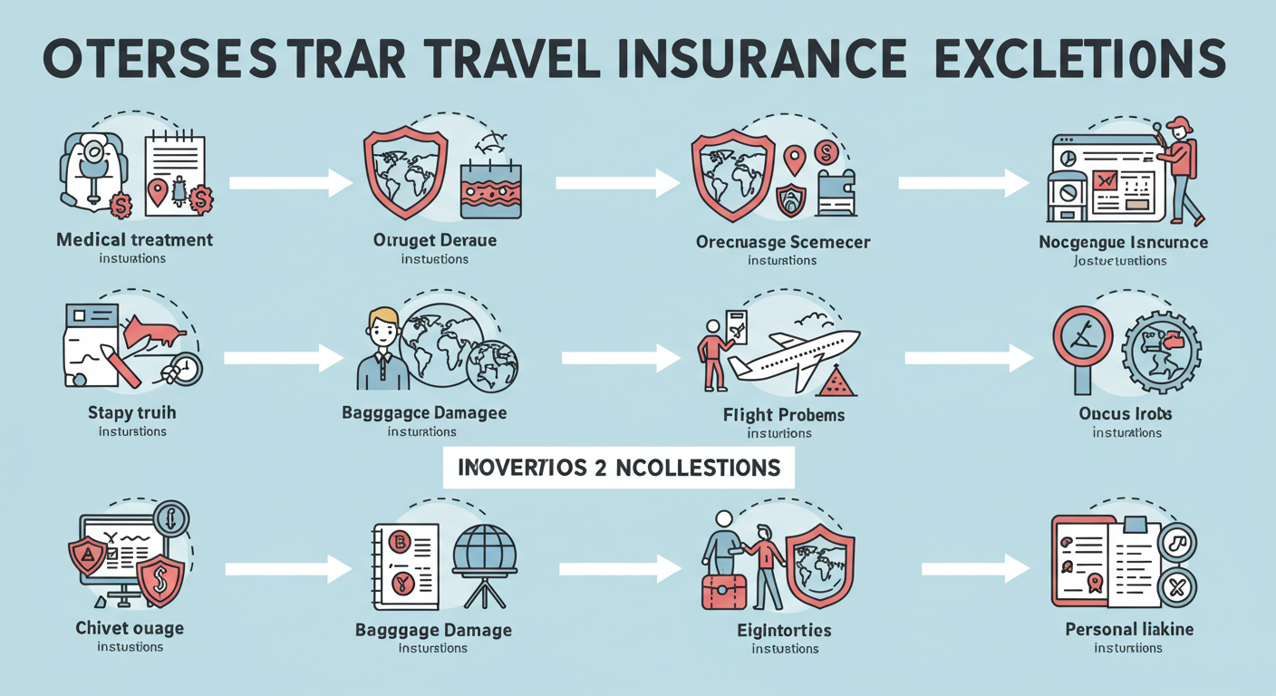 해외 여행자 보험의 주요 보장 항목(질병/상해 치료, 수하물 손해, 항공편 문제, 배상 책임)과 제외 사례를 시각적으로 보여주는 인포그래픽.