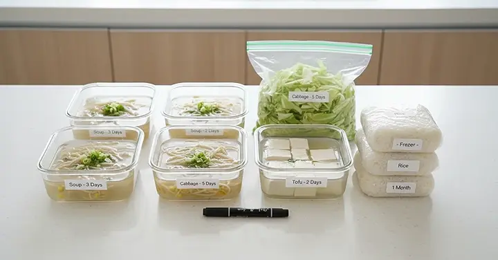 식재료 보관 방법 - 밀폐용기에 담긴 콩나물국, 지퍼백의 양배추, 물에 담근 두부, 랩으로 싼 밥