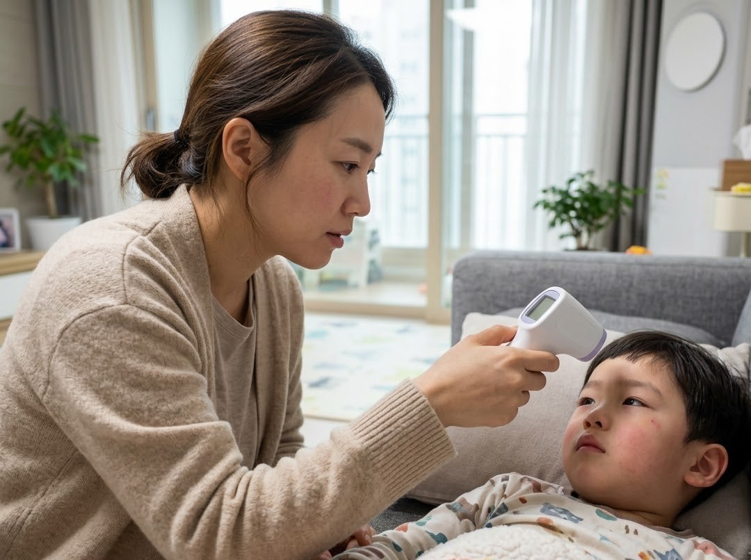 아이 체온을 재는 엄마