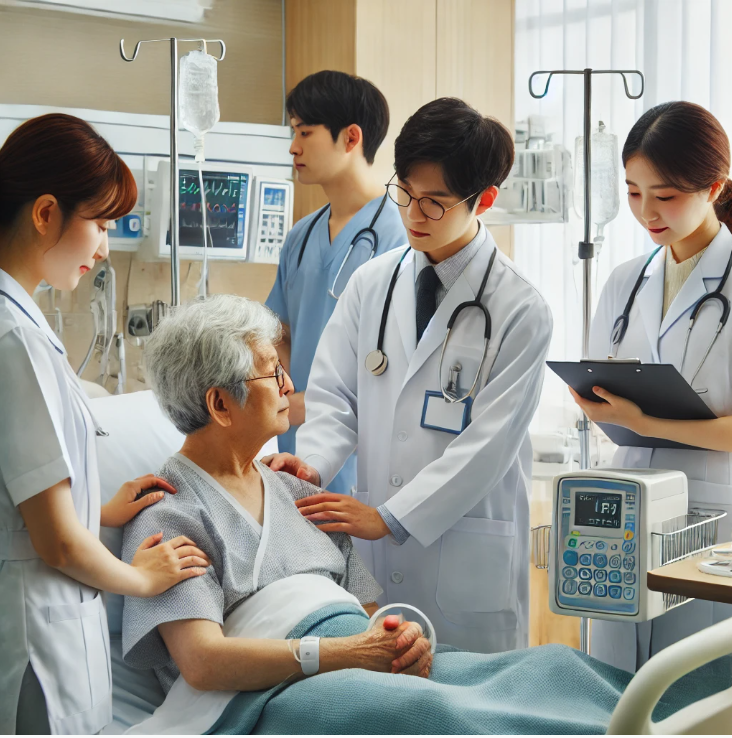 요양병원 병실에서 의료진이 어르신을 돌보는 모습