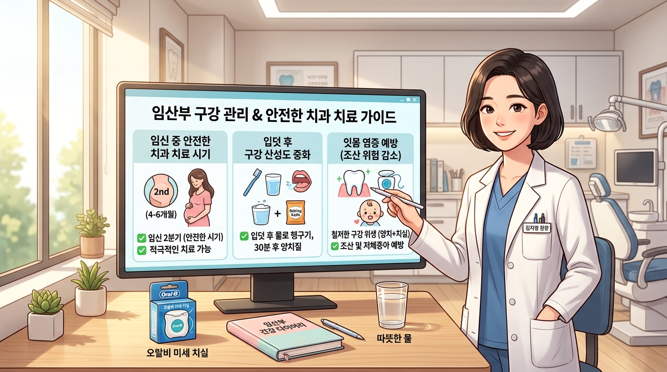 밝고 따뜻한 대학병원 치과 진료실에서 보건 의학 전문가 선생님이 대형 인포그래픽 모니터를 가리키며 임신 중 막연한 두려움으로 치료를 기피할 때 유발되는 잇몸 염증 인자의 태반 전이 및 자궁 조기 수축 생리학적 메커니즘을 조목조목 설명하고, 임산부 구강 관리 수칙과 임신성 치은염이 조산에 미치는 영향과 안전한 치과 치료 시기에 대한 정답으로 가장 안전한 임신 2분기 스케일링 및 안심 위생 관리 행동 수칙을 임산부 환자에게 다정하게 안내해 주는 2D 일러스트 이미지.