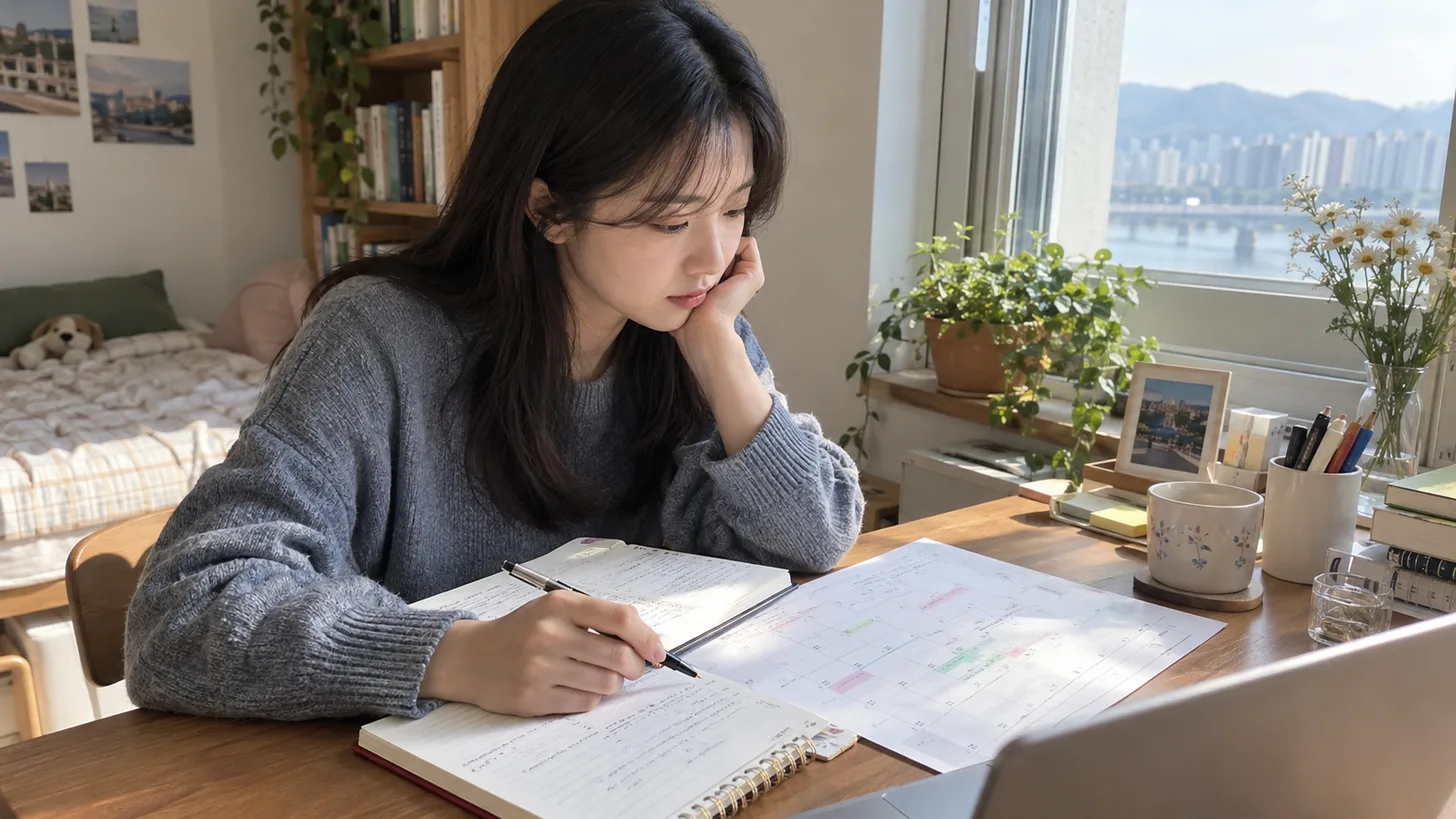 수첩을 펼쳐 놓고 겹친 일정을 비교하는 사람