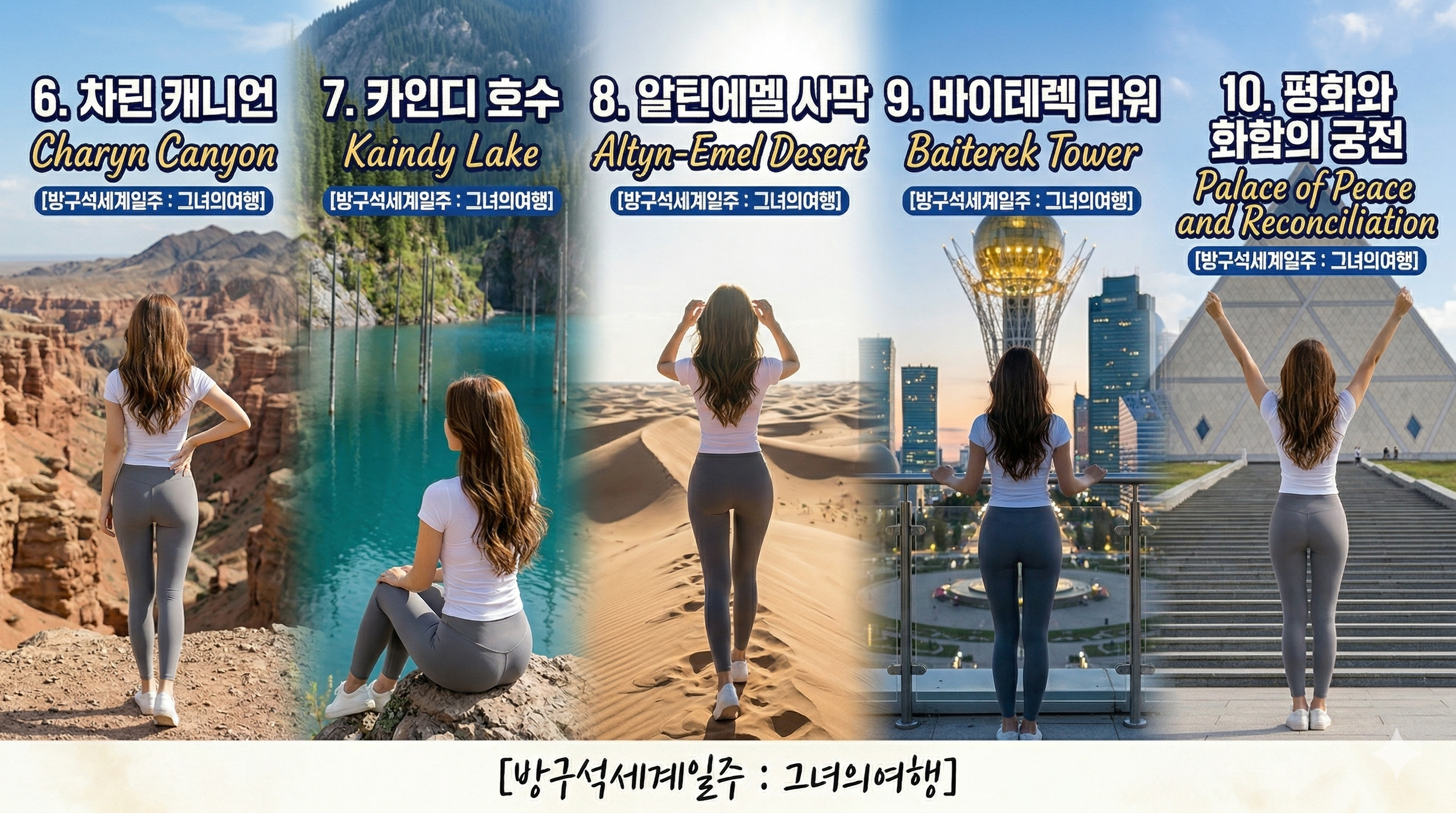 [카자흐스탄 여행코스] 6번부터 10번 명소까지의 마법 같은 뒷모습 풍경(차린 캐니언, 카인디 호수, 알틴에멜 사막, 바이테렉 타워, 평화와 화합의 궁전)이 한데 어우러진 드림 패스 요약 이미지. 주인공이 각 장소에 맞춘 매력적인 뒷모습 전신라인을 강조하며 여행의 즐거움을 전하는 모습. 흰색 타이트 반팔과 그레이 레깅스 착용.