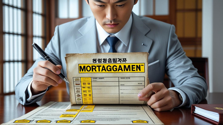 부동산 등기부등본 확인 체크리스트 이미지, 근저당 대지권 등 중요 항목 점검하는 모습