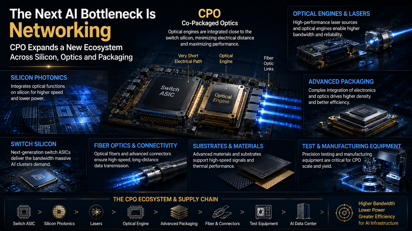 CPO ecosystem including silicon photonics optical engines lasers advanced packaging and fiber optics