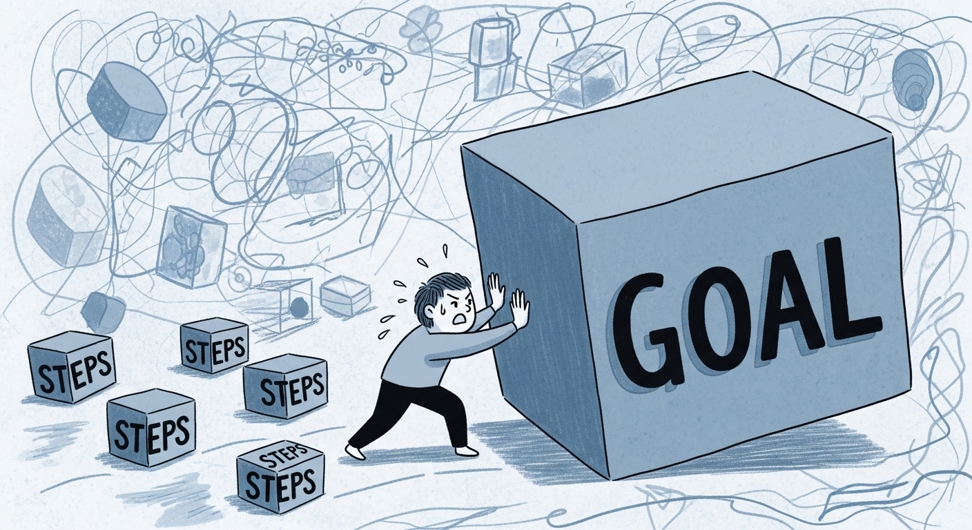 너무 큰 목표에 압도되어 힘들어하는 사람과 작은 단계들.
