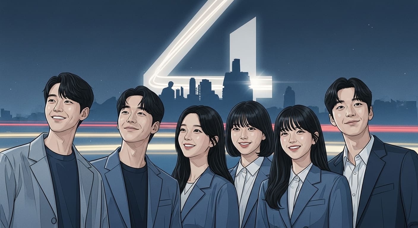 무지개 운수 팀원들이 함께 서서 밝은 미소를 짓고 있으며, '모범택시4'의 제작 가능성을 암시하는 숫자 '4'가 배경에 희미하게 보이는 모습.
