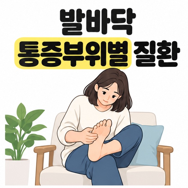 발바닥 통증부위별 질환 제목 아래 의자에 앉아 한쪽 맨발을 들어 발바닥을 살펴보는 여성